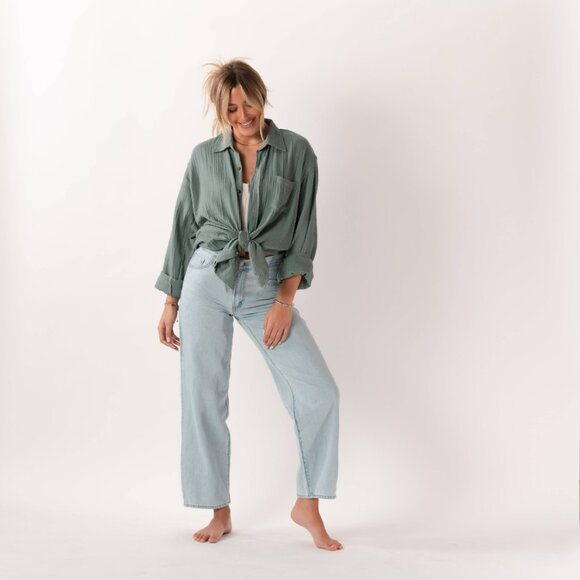 NWT - Lotus and Luna: Boyfriend Button Up Shirt  - Sage - Picture 6 of 9